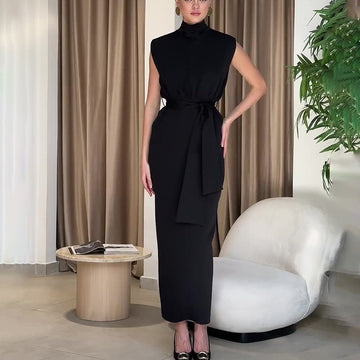 Fashion Temperament Round-Neck Sleeveless Zipper Repair Waist Open Dress